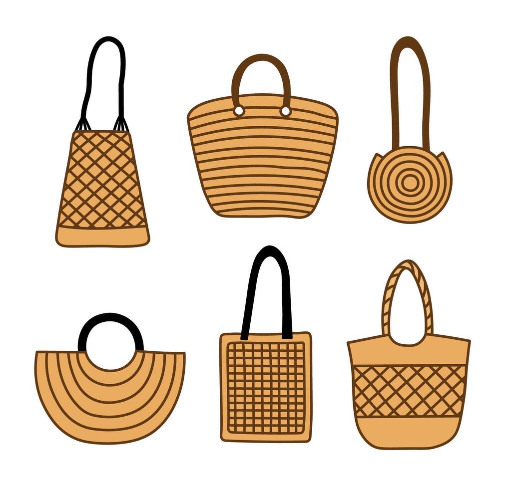 Summer straw bags on isolated background. Hand drawn handmade raffia beach accessories, fashion boho accessory for seaside, lifestyle, vacation. Illustration for sign, logo, print, paper, card vector