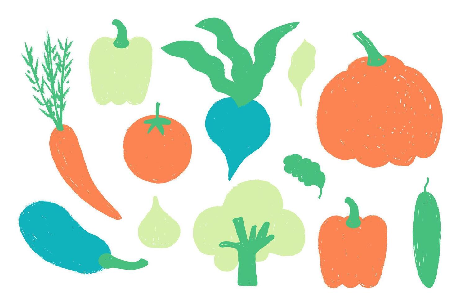 Vegetables drawn with texture brush strokes. Modern illustration with eggplant, pumpkin, tomato, paprika, onion, broccoli, pepper, cucumber, leaf, lettuce, beetroot. Food, harvest, garden. vector