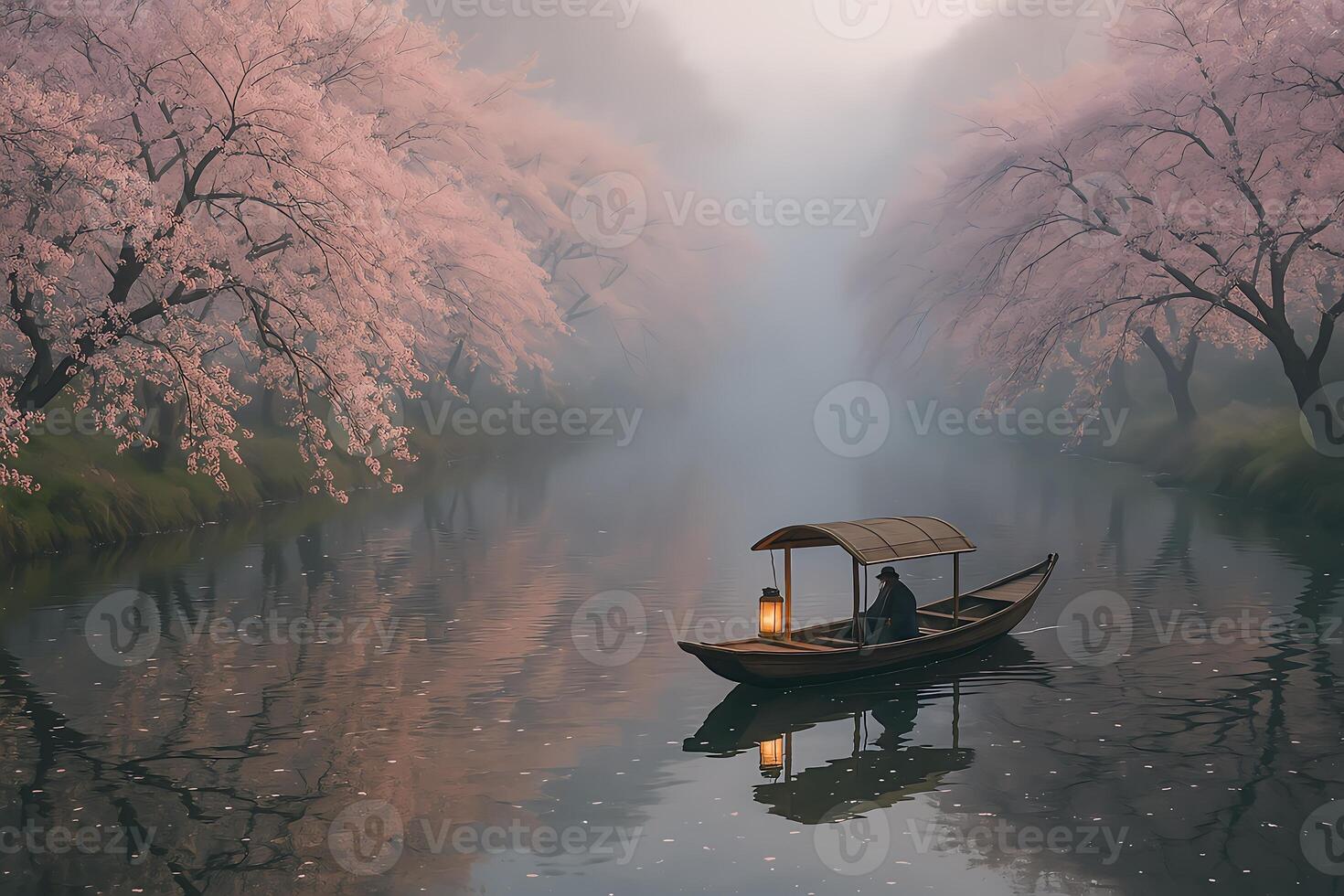 A boat is floating down a river with cherry trees photo