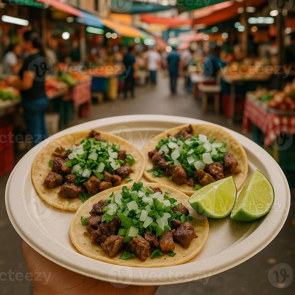 A plate of tacos with meat and vegetables photo