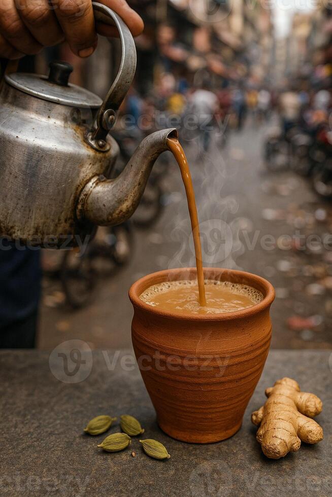 Ginger tea in a clay pot on the street in india photo