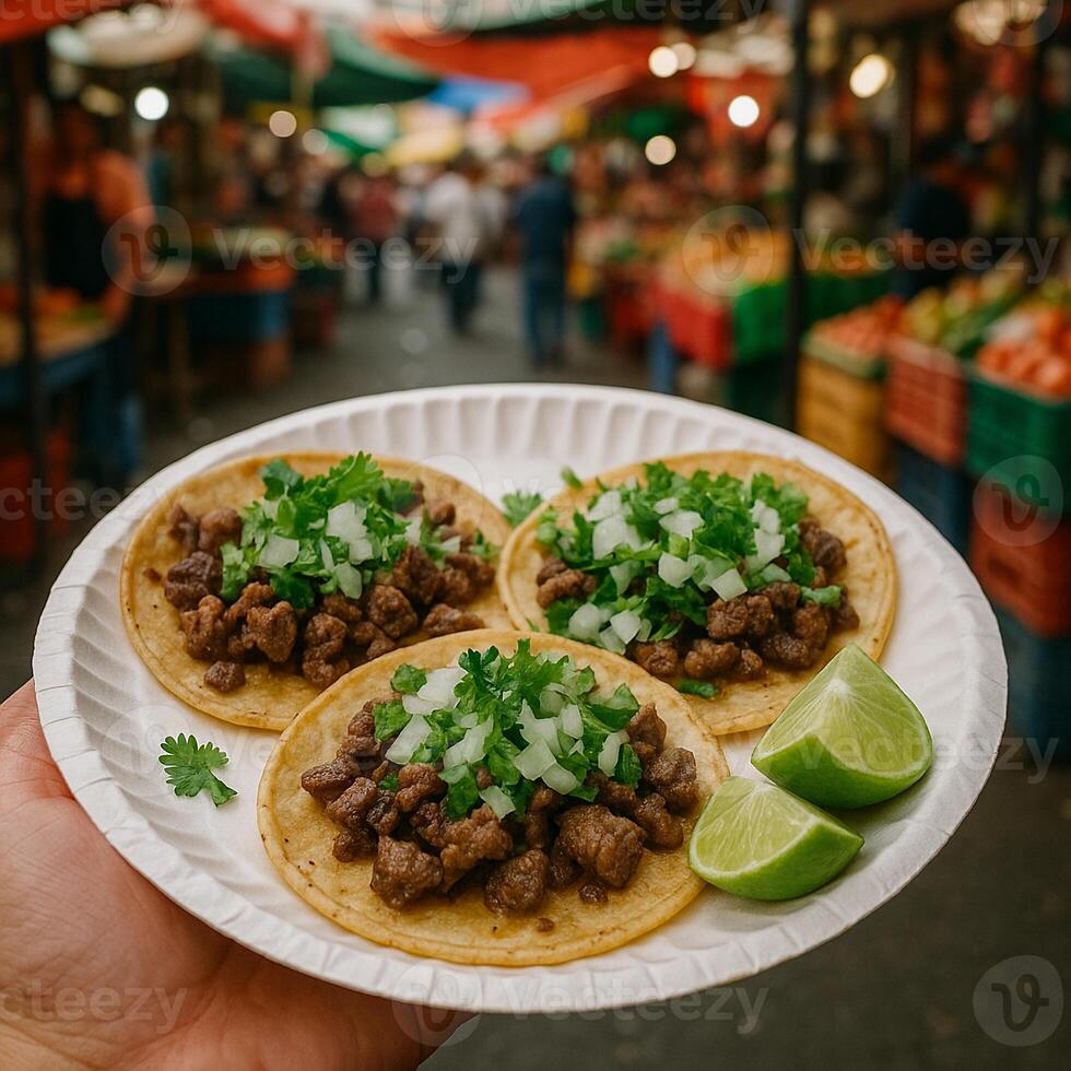 A plate of tacos with meat and lime wedges photo