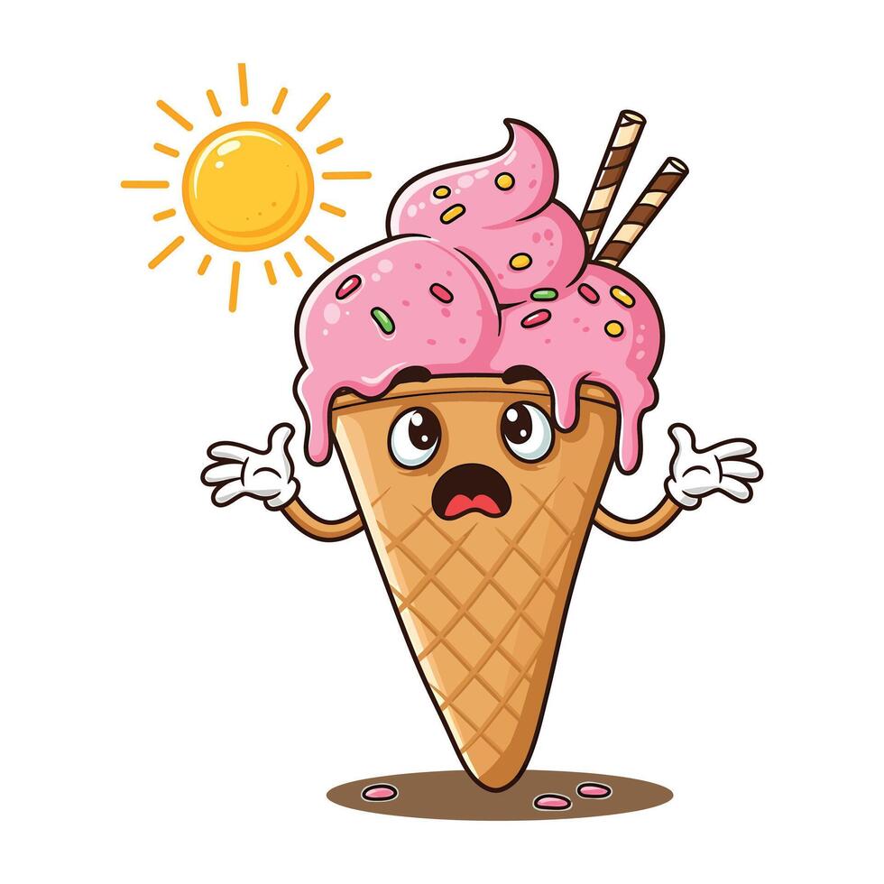 Melting Ice Cream Clipart - Cute Cartoon Cone with Sprinkles in Summer Sun vector