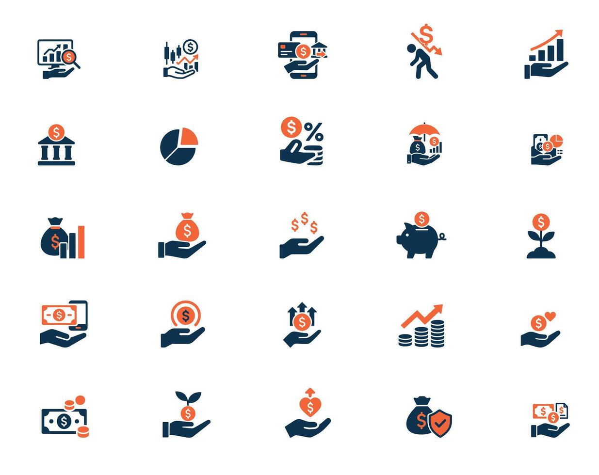A Collection of Twenty Five Solid Icons for Finance and Banking - Financial Analysis, Savings, Investment, and More vector