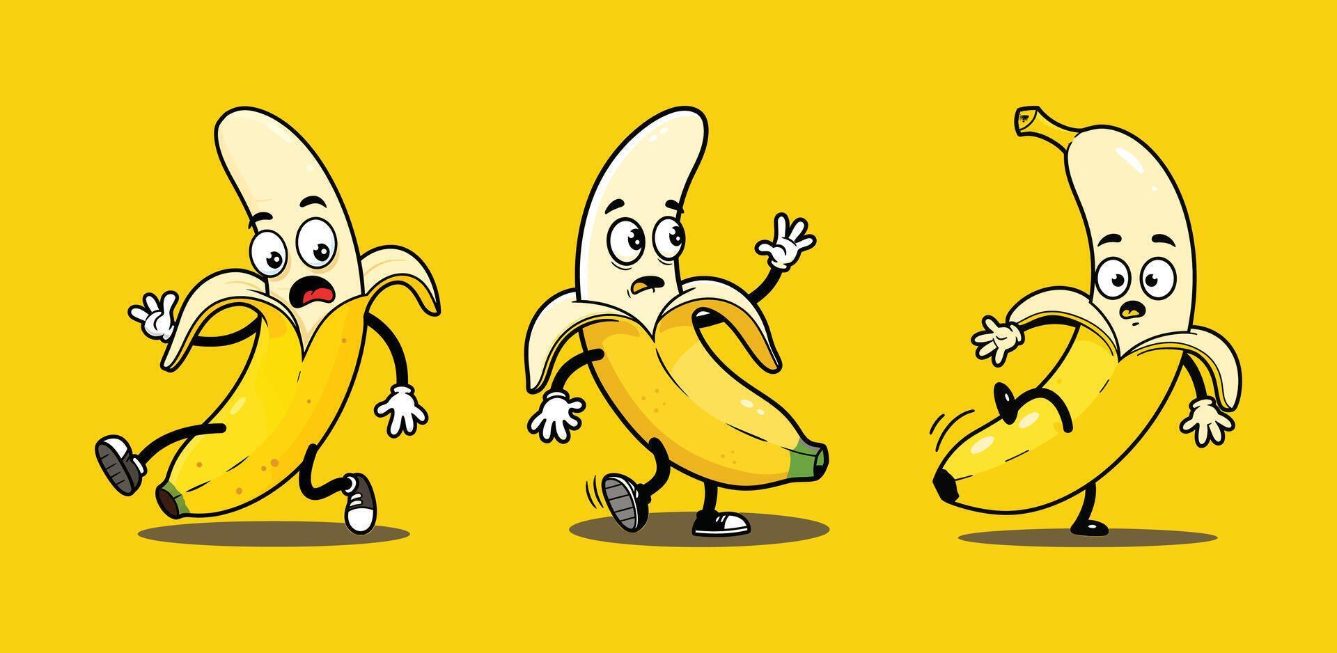 A Set of Funny Cartoon Clipart Featuring Banana Characters in Trouble - Slipping, Falling, and Running on a Yellow Background vector