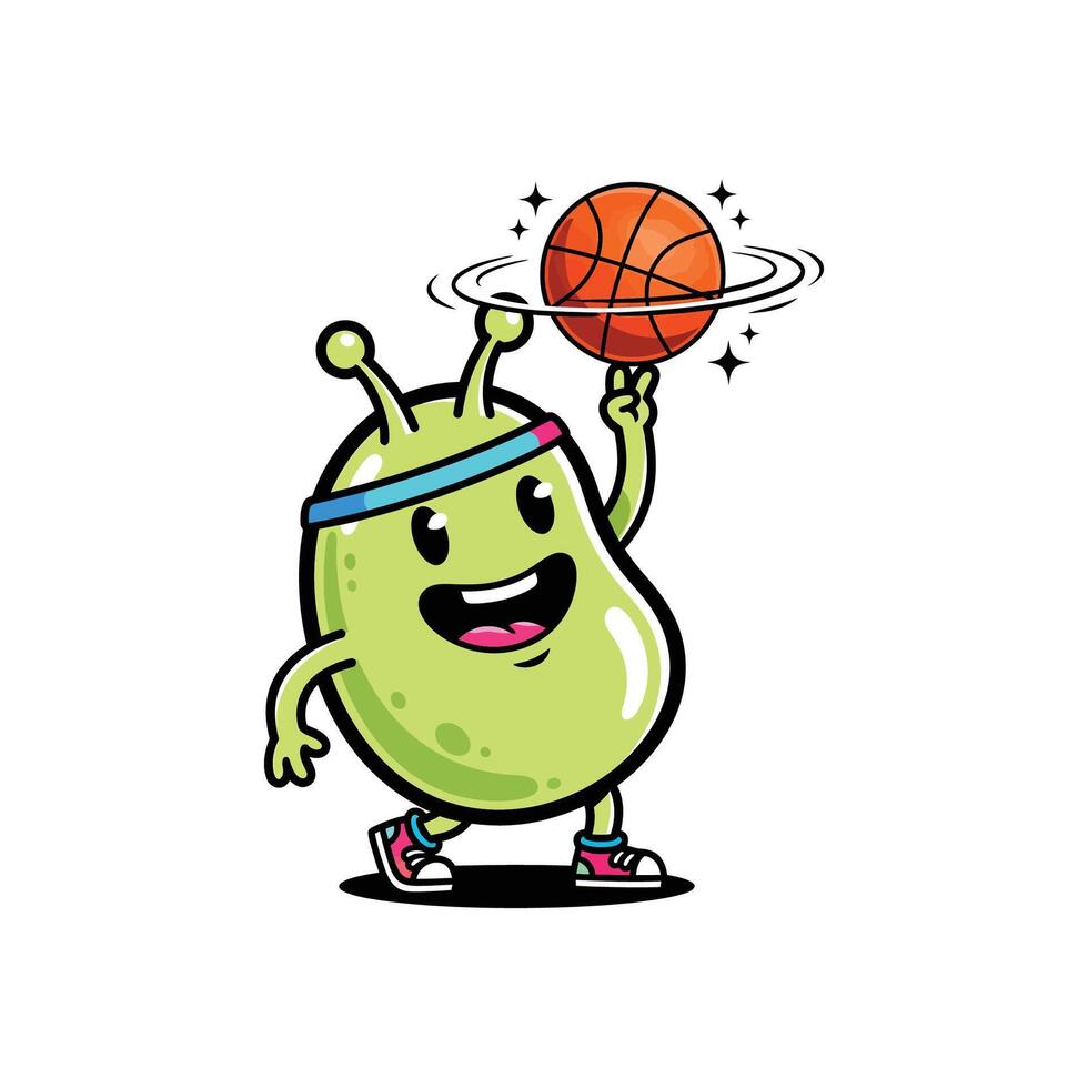 Cheerful Jellybean Alien Spinning Basketball on Antenna - Fun Cartoon Clipart with Sneakers and Sparkles on White Background vector