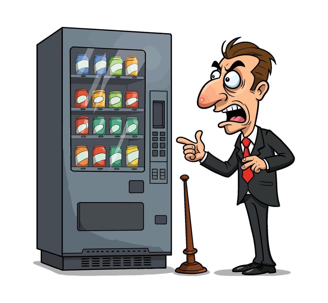 Angry Businessman at Vending Machine Clipart - Cartoon Man Complaining Over Stuck Snack vector