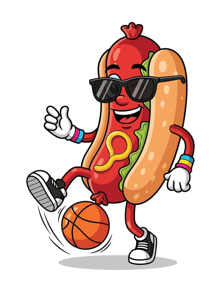 A Funny Dancing Hotdog with Sunglasses and Bouncing Basketball - Funny Cartoon Clipart with Sneakers and Wink on White Background vector