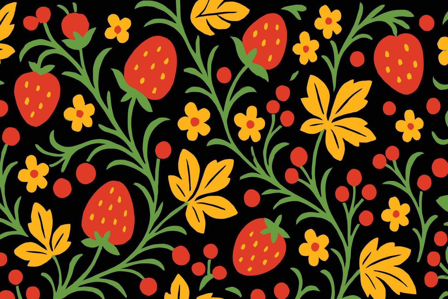 Strawberry and floral pattern on a black background, bursting with vibrant colors and intricate details inspired by traditional folk art vector