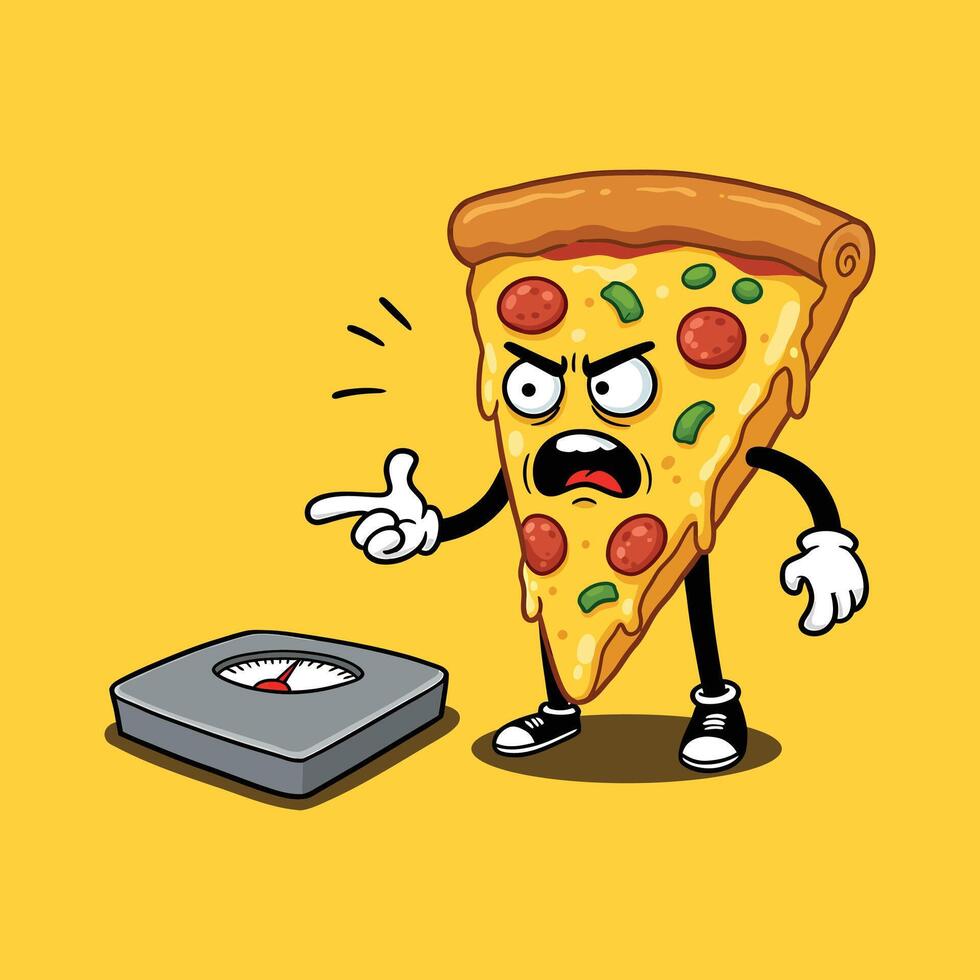 Funny Pizza Clipart - Cartoon Slice Angry at Weight Scale vector