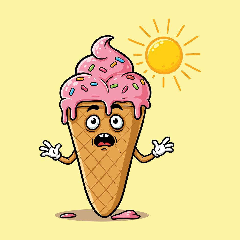 Funny Ice Cream Clipart - Cartoon Cone Melting in Summer Heat vector