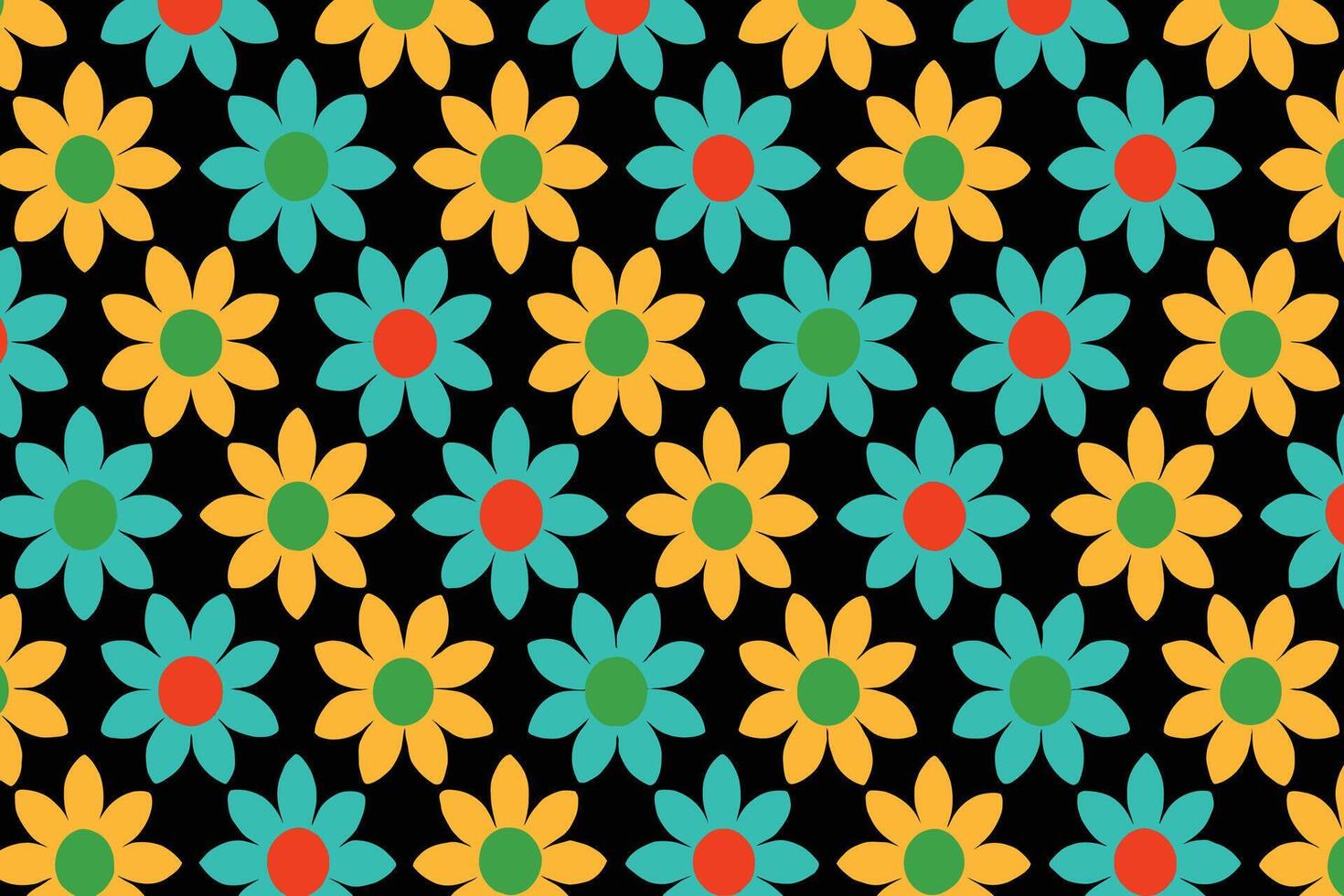 Retro Flower Pattern with Yellow and Blue Petals on Black Background vector