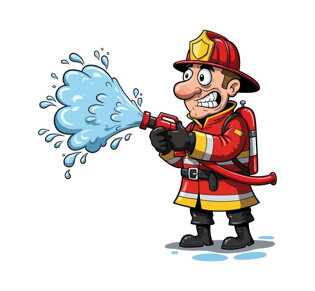 Funny Firefighter Clipart - Cartoon Fireman Spraying Water with Hose vector