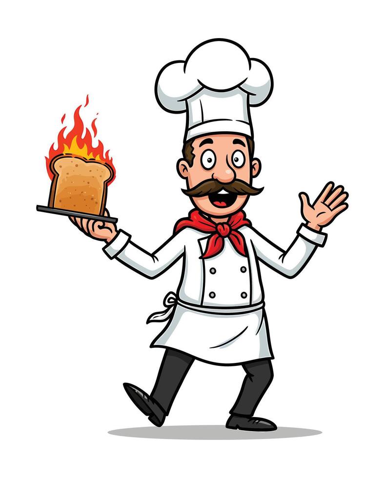 A Funny Dancing Chef Clipart - Cartoon Cook Holding Flaming Toast with Surprised Expression vector