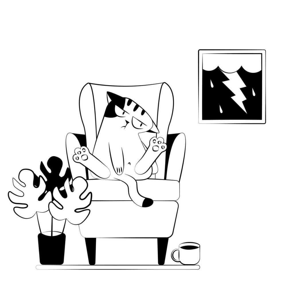 Black and white sketch of a sad funny cat in a chair vector