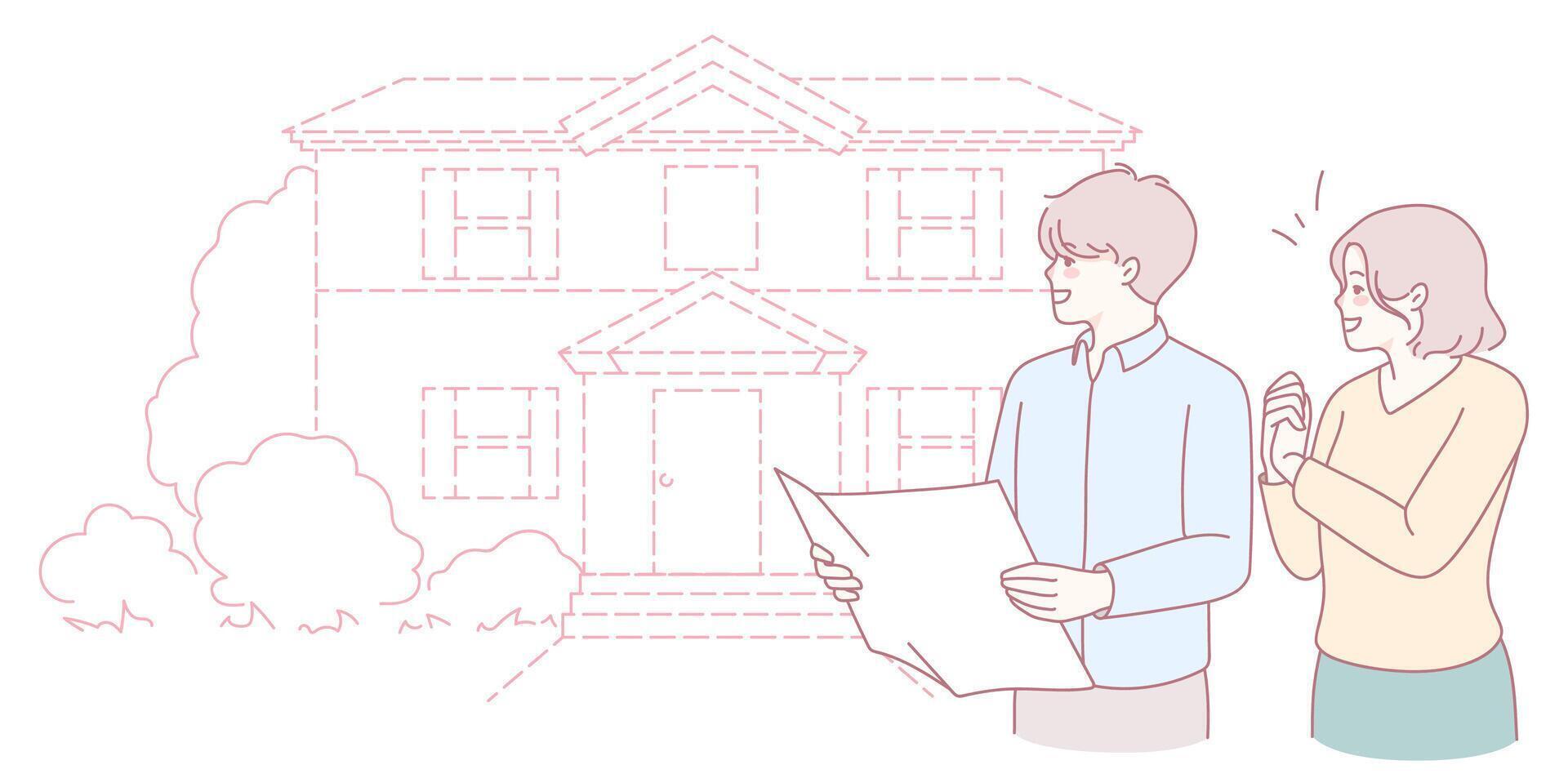 A couple is engaging in a discussion about their house plans while reviewing detailed blueprints vector