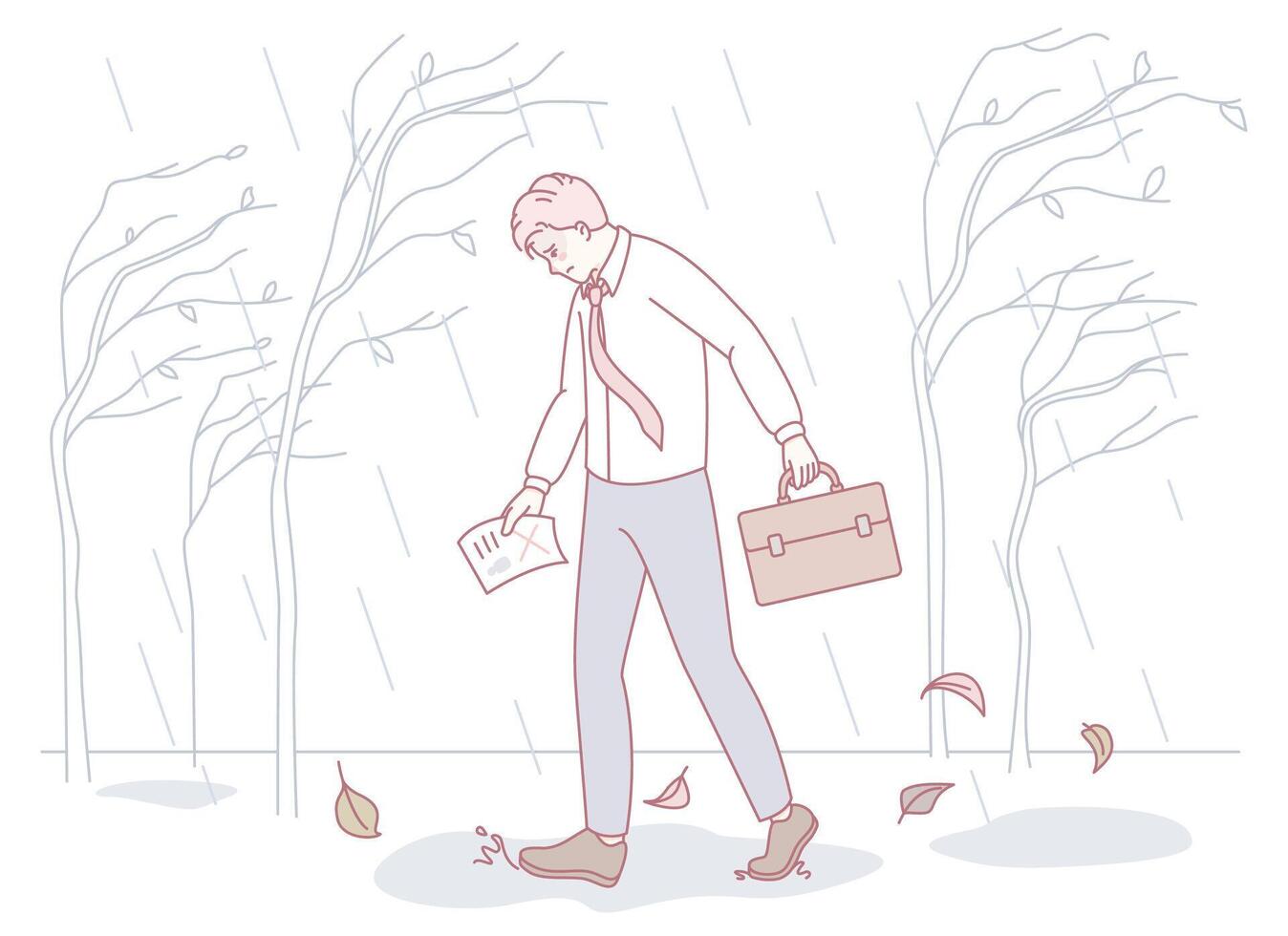A determined man walks in the rain carrying a briefcase and important papers in hand vector