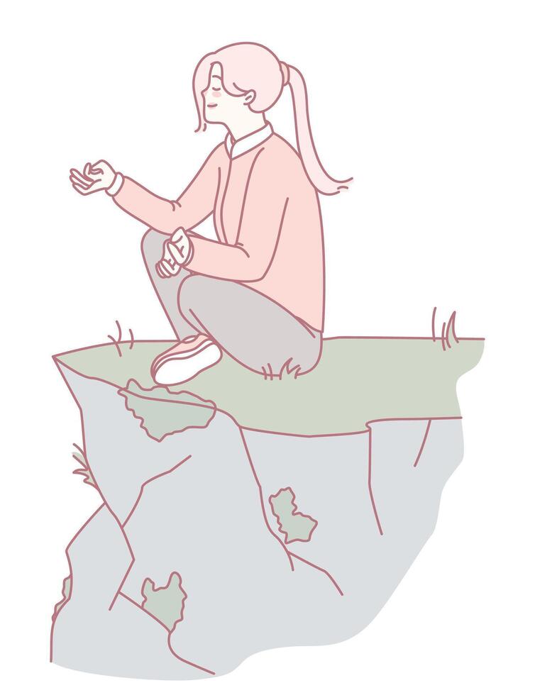 A contemplative character is peacefully sitting at the very edge of a cliff, enjoying the moment vector