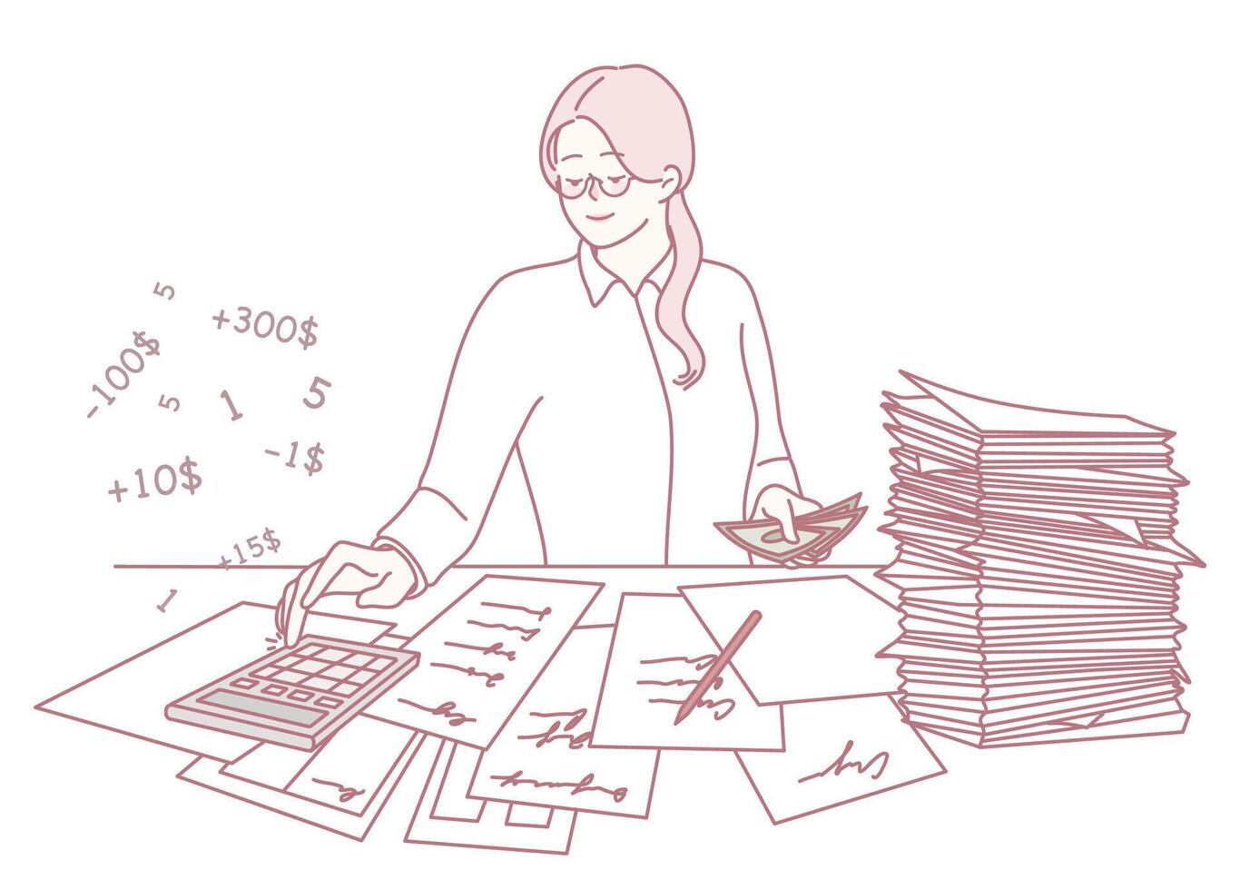 An Office Worker Engaged in Calculating Finances Using Papers and a Calculator Tool for Work vector