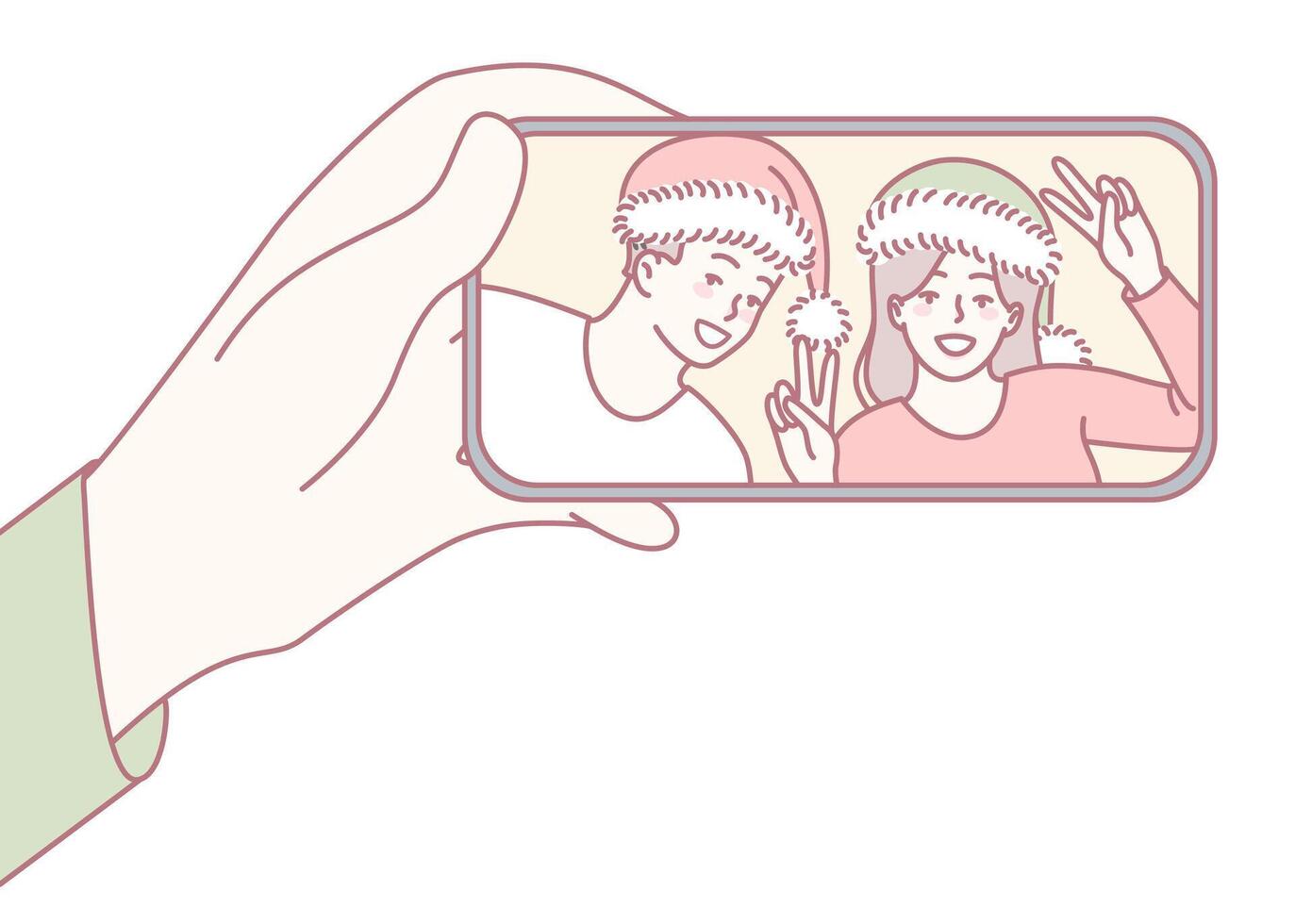 Cheerful Holiday Selfie with Friends in Colorful and Festive Hats, Smiling Together Joyfully vector