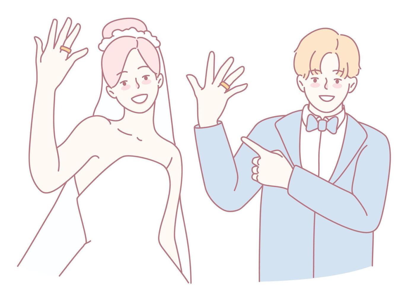 An Elegant Wedding Couple Happily Showcasing Their Beautiful Rings with Joy and Love vector