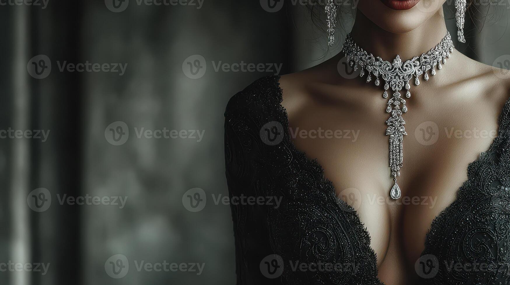 Elegant woman wearing intricate jewelry and a black gown in a softly lit space during an evening event photo