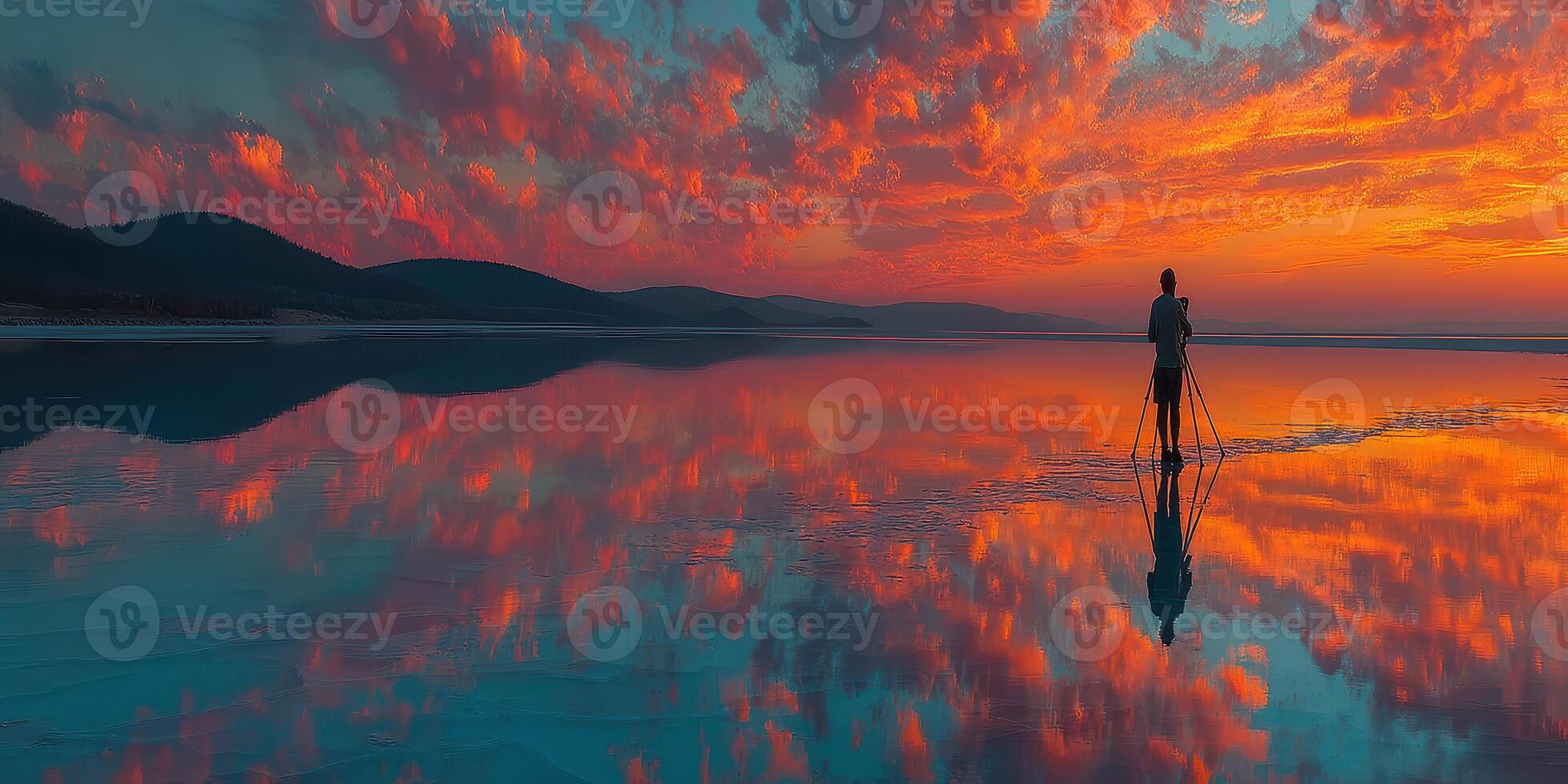 Photographer capturing stunning sunset reflections over a tranquil lake with colorful sky and mountains in the background photo