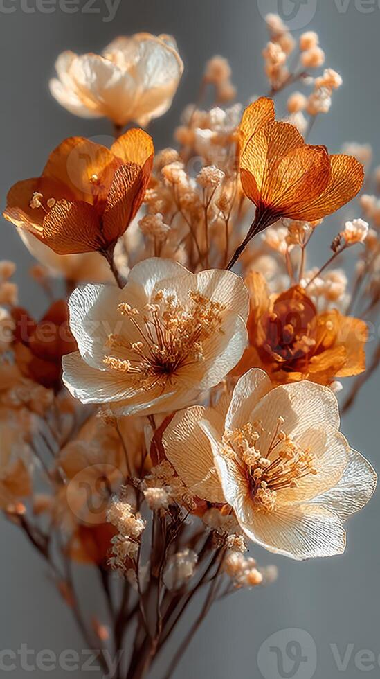 Elegant display of paper flowers in warm hues captured in a soft-lit environment photo