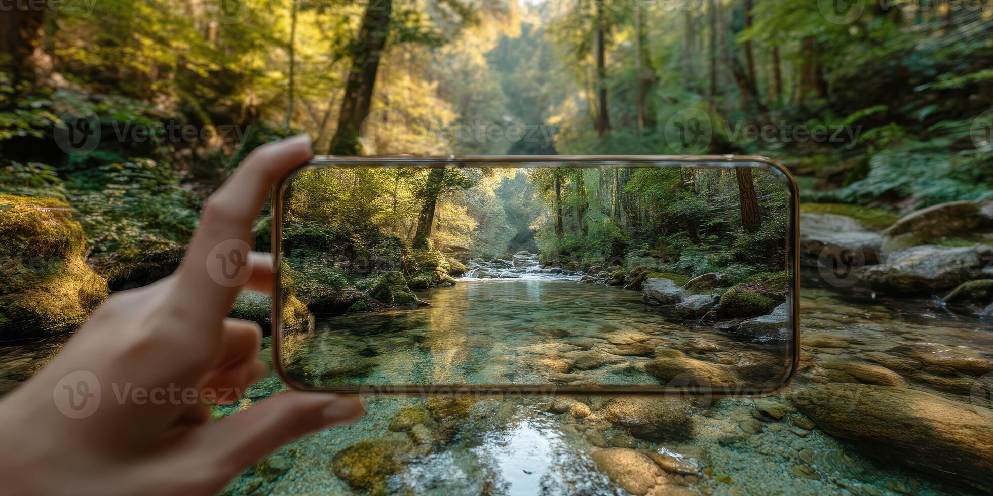 Beautiful forest stream captured through a smartphone in a tranquil natural setting during the day photo