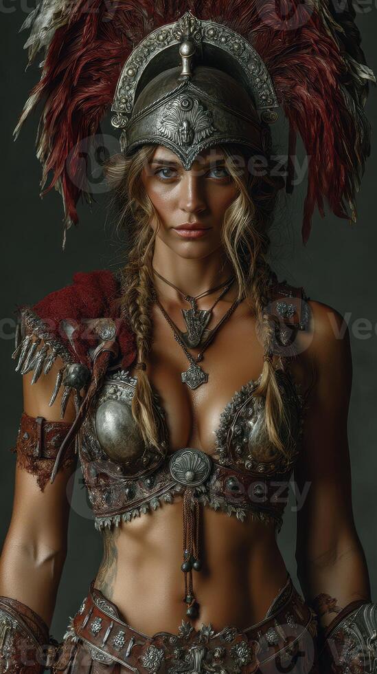 Warrior woman in intricate armor with red feathers stands confidently against a dark background during a creative photoshoot photo