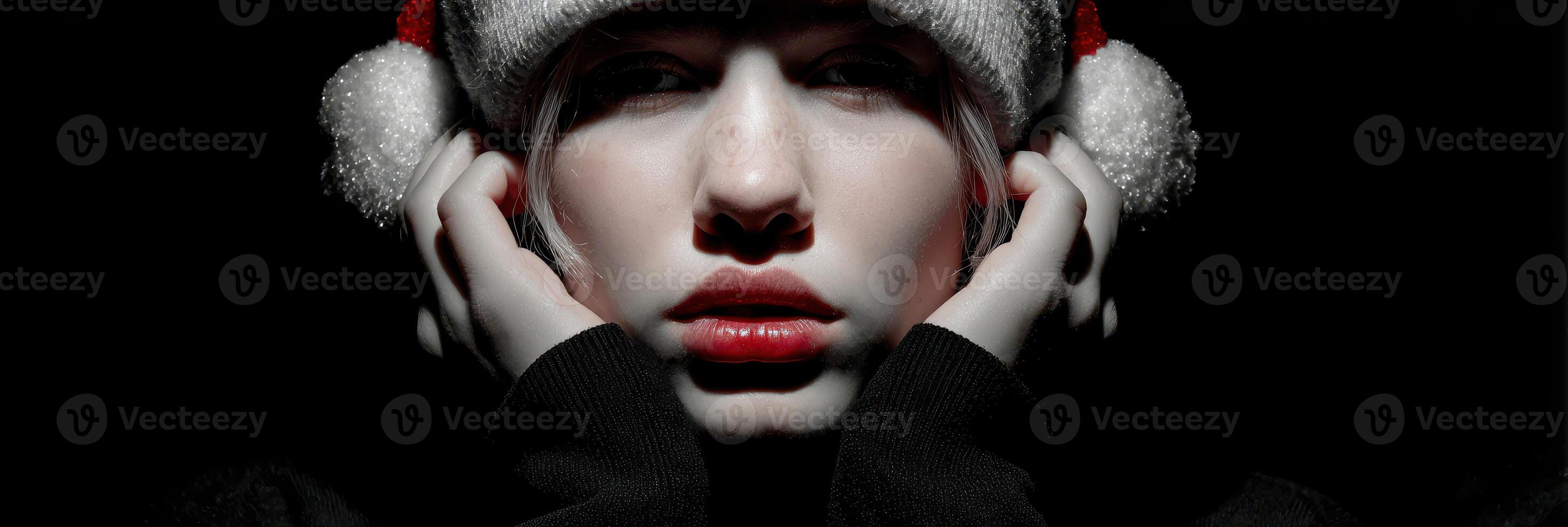 Woman in Santa hat posing dramatically against dark background during holiday season photo