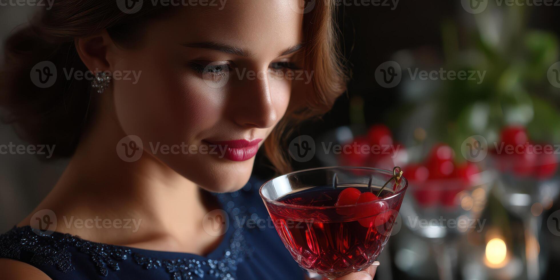 Woman enjoying a cocktail adorned with cherries at an elegant evening event in a dimly lit setting photo
