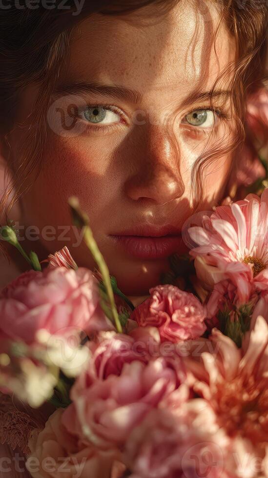 Close-up portrait of a young woman surrounded by pink flowers in soft sunlight showcasing natural beauty and delicate features photo
