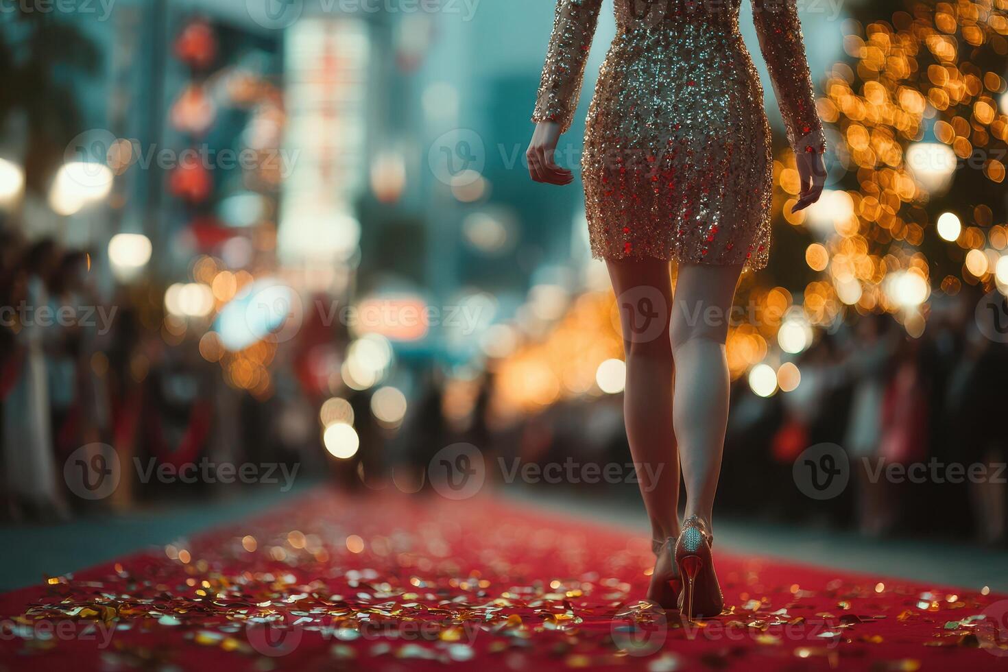 Elegant figure walks down a glamorous red carpet decorated with confetti amidst a bustling city during nighttime festivities photo
