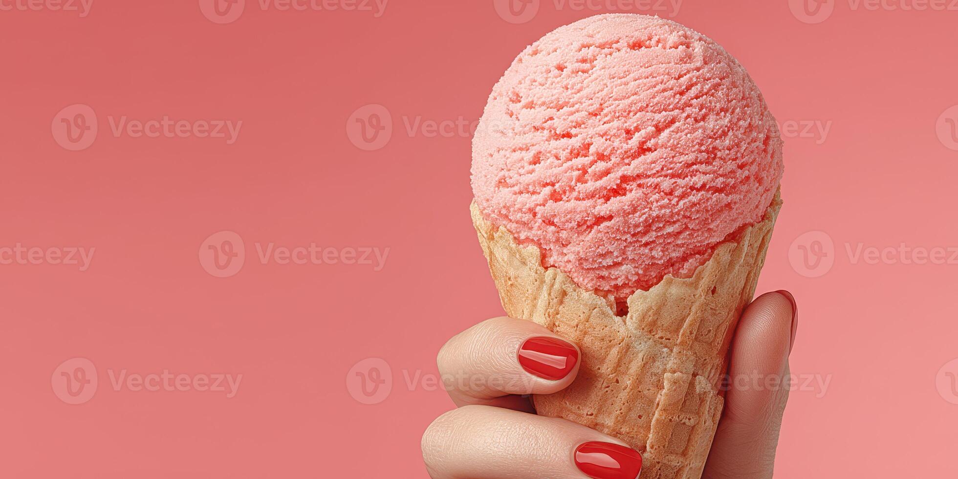 Enjoying a sweet strawberry ice cream cone against a vibrant pink background photo