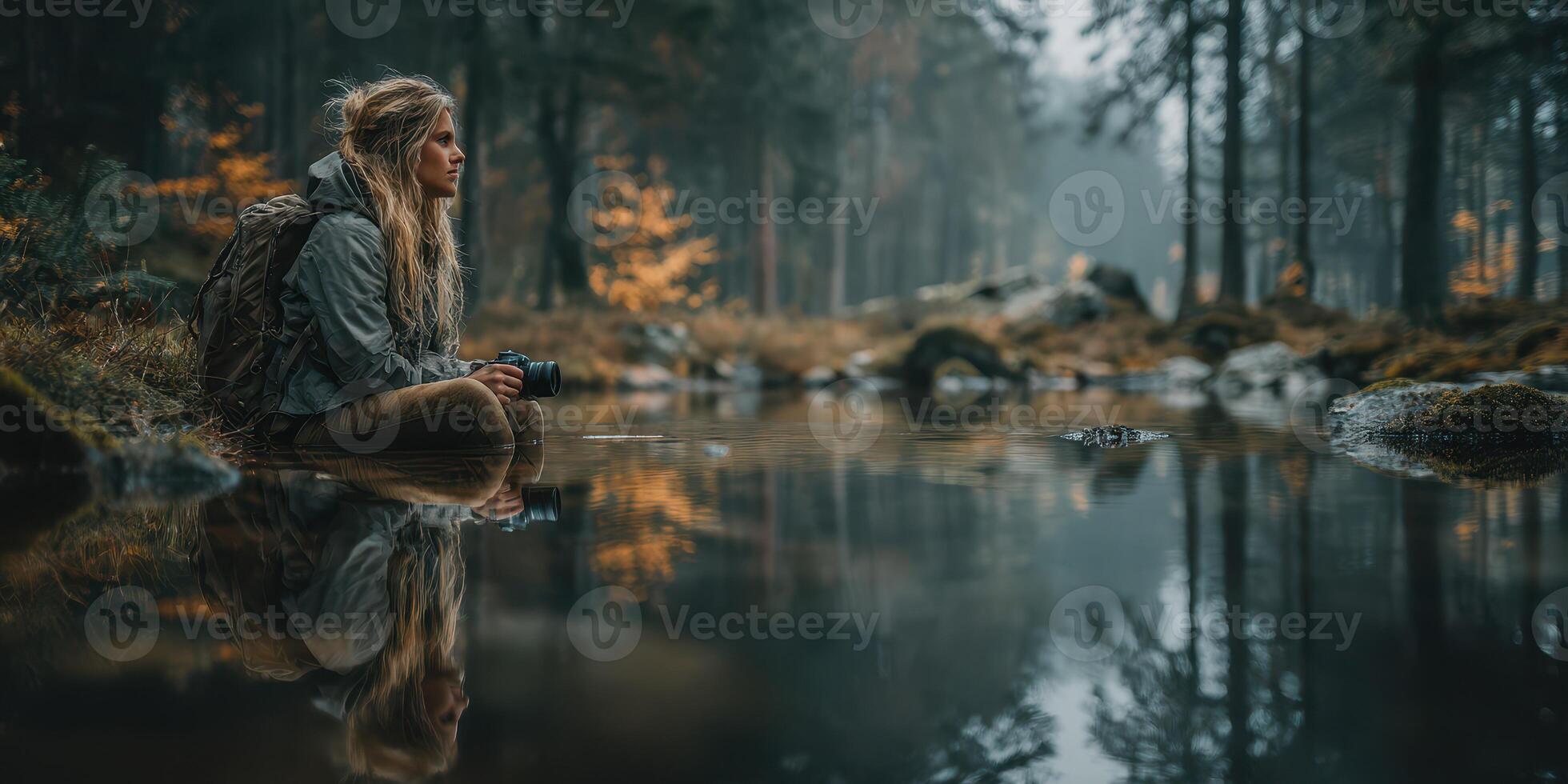 Woman sitting by a calm forest pond, capturing the serene beauty of autumn reflections during a tranquil afternoon photo