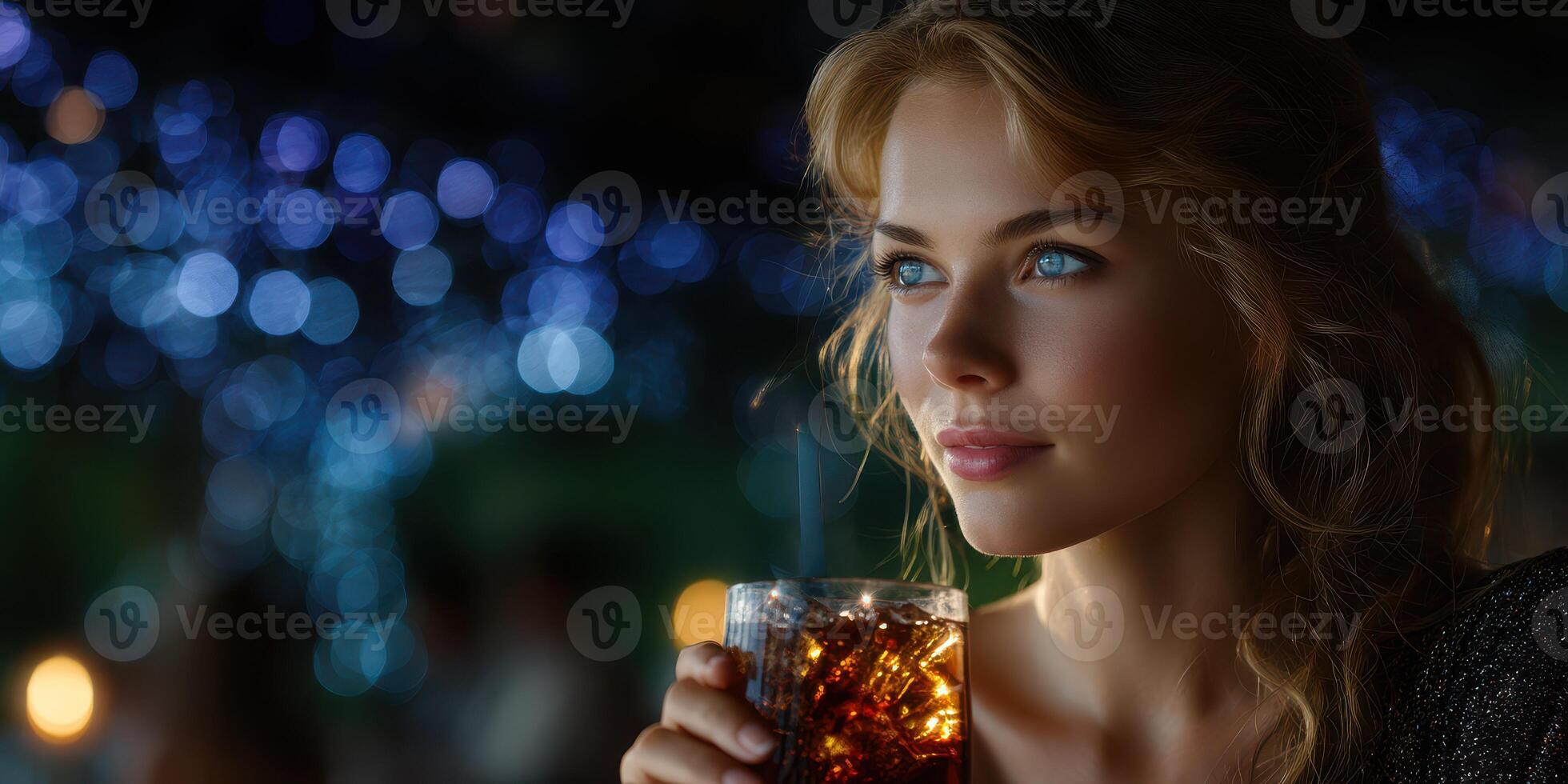 Young woman enjoys a drink while surrounded by ambient blue lights during a night out photo