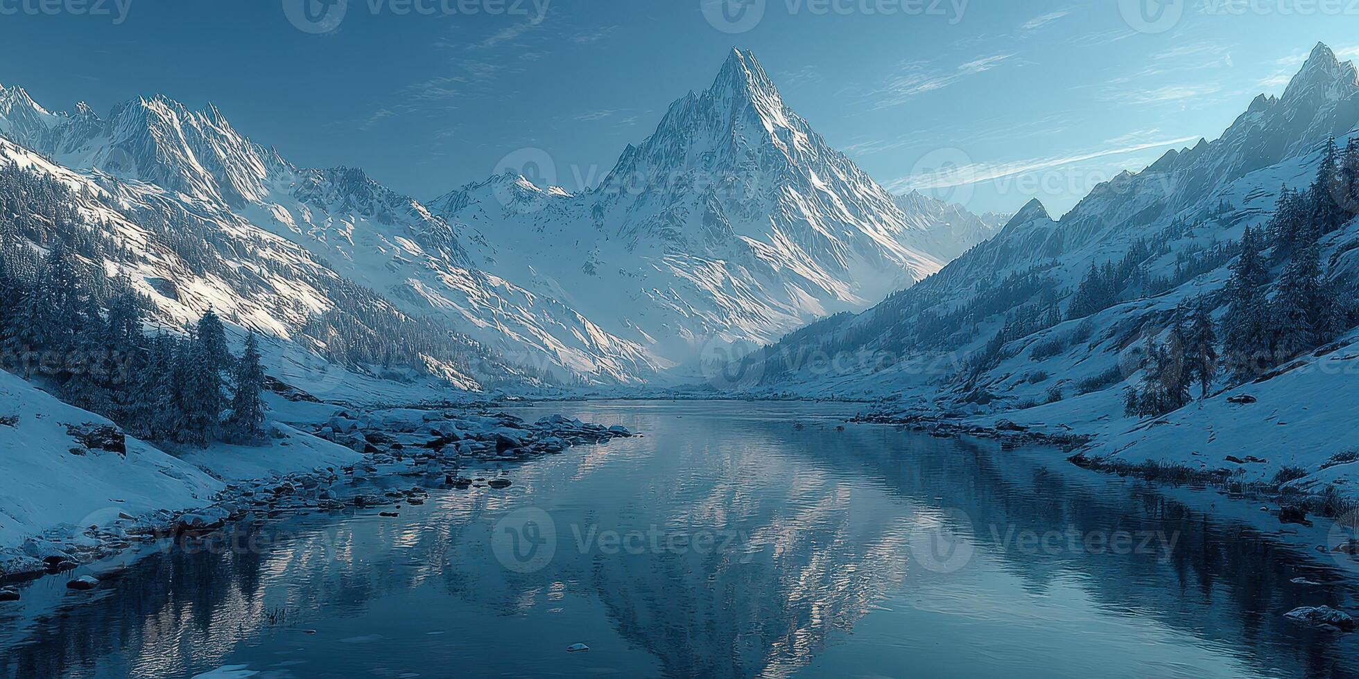 Snow-covered mountains reflect in a tranquil river under a clear blue sky at dawn in a serene winter landscape photo