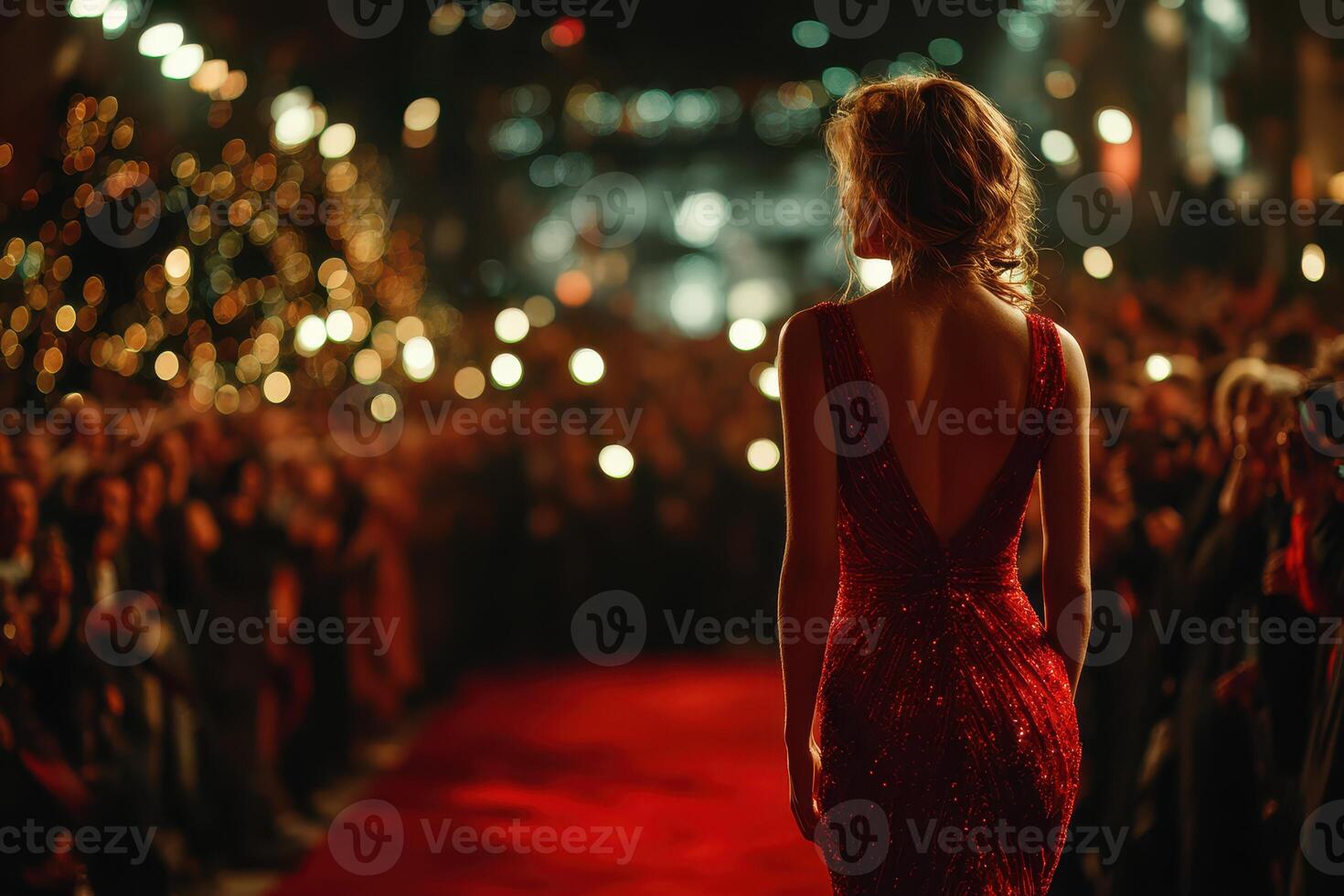 Striking red dress lights up the red carpet during a glamorous evening event in a bustling city photo