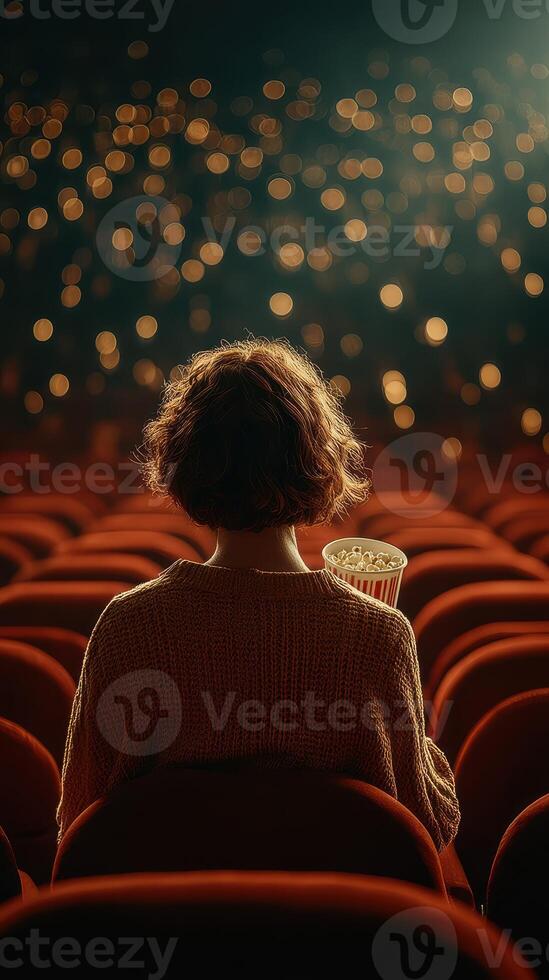 Enjoying a movie in a cozy theater with popcorn in hand as lights dim for the show photo