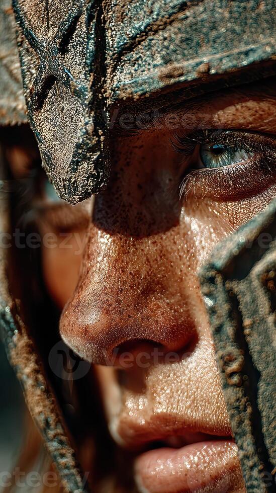 Close-up of a warrior's face with battle armor during a reenactment at sunset, highlighting intense expression and intricate details of the helmet photo