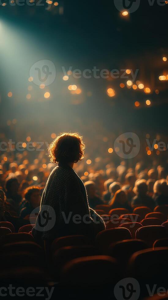 Audience member enjoys a captivating performance at a theater on a vibrant evening photo