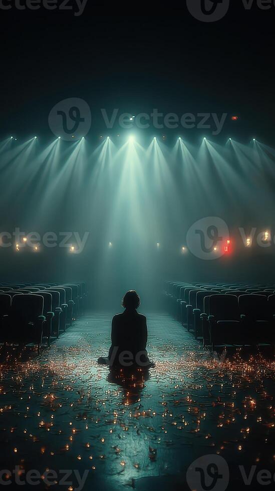 Empty theater with a lone figure surrounded by lights and shadows creates a captivating atmosphere of anticipation and solitude photo