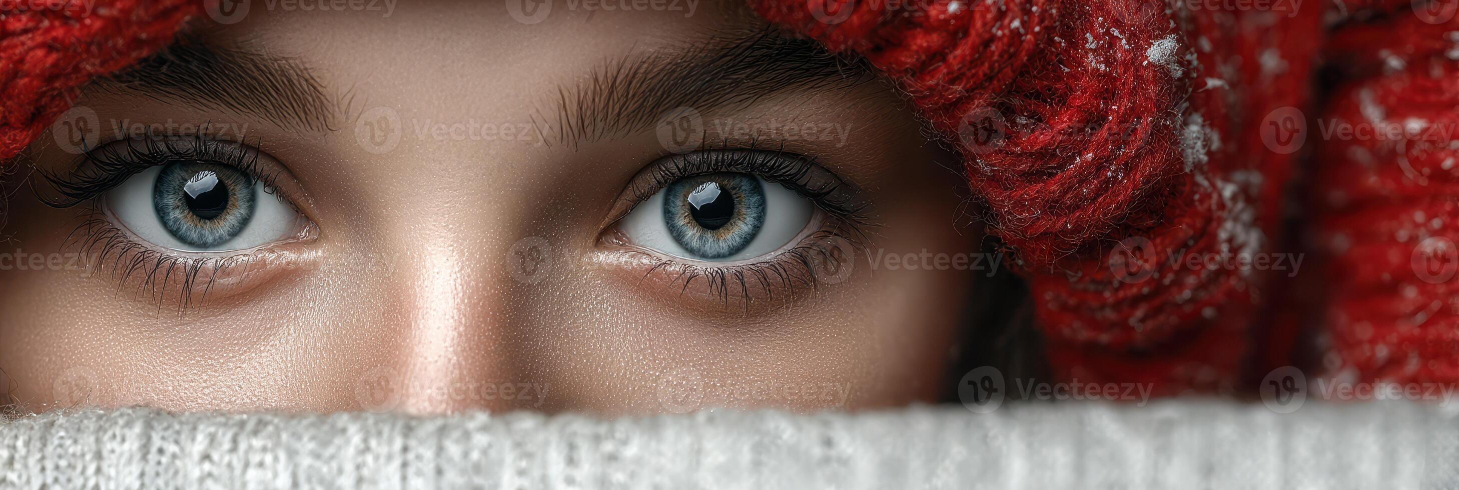 Beautiful close-up of a young woman with striking blue eyes wearing a red winter hat and gray scarf in a snowy outdoor setting photo