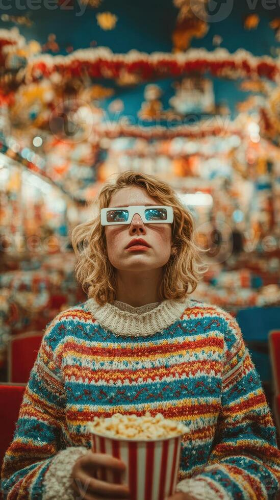 Moviegoer enjoying a colorful retro cinema experience with 3D glasses and popcorn in a vibrant setting photo