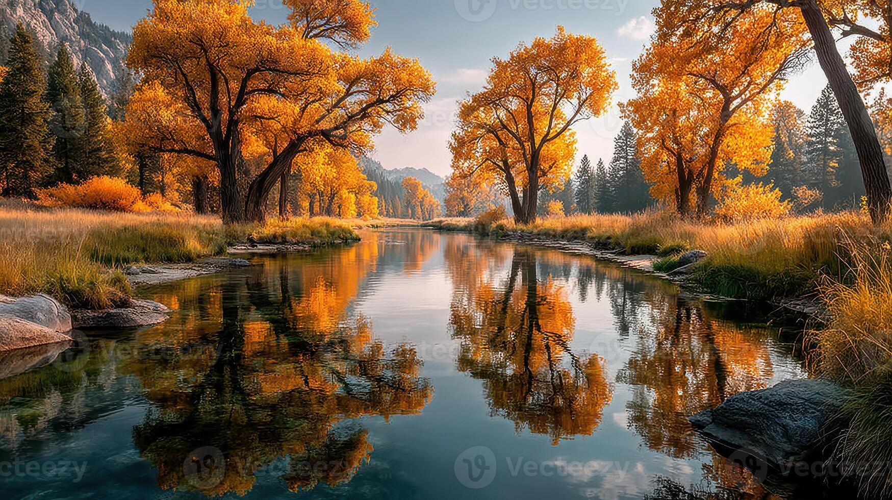 Autumn landscape featuring a tranquil river and vibrant orange trees in a serene mountainous area photo