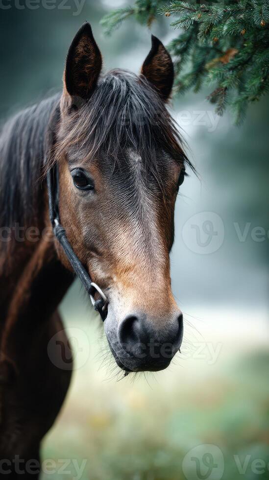 Majestic brown horse standing calmly in a lush green field surrounded by soft misty backdrop at dawn photo