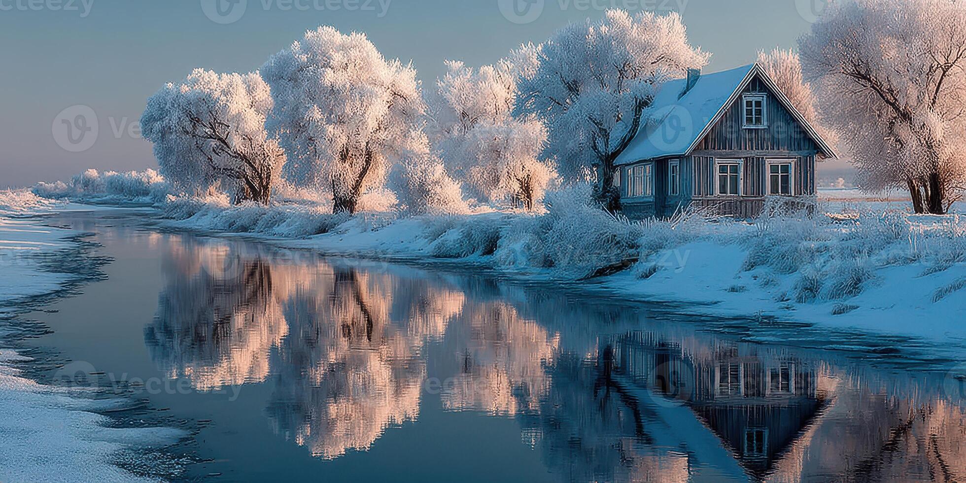 Winter landscape with frosted trees and a rustic house by a calm river at dawn photo