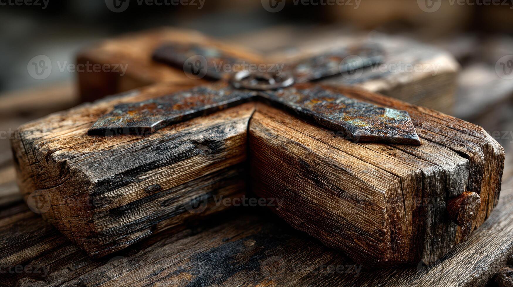 Unique wooden cross with a metal symbol displayed on an old wooden surface in natural lighting photo