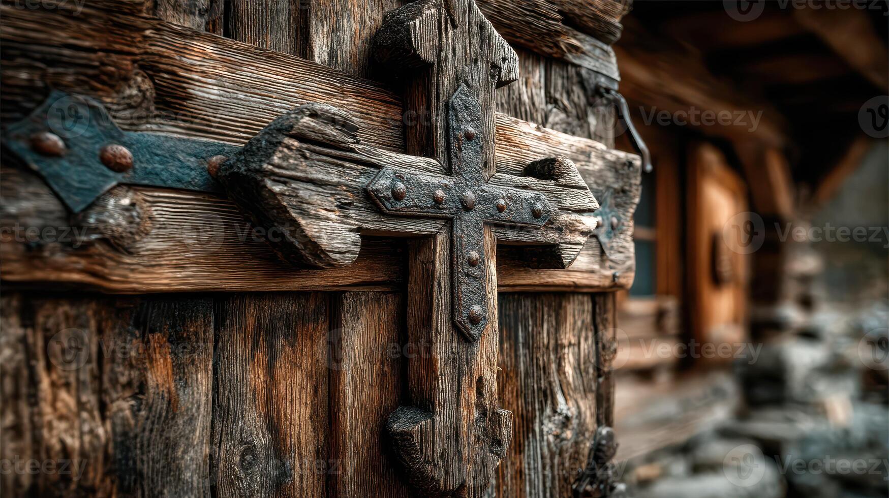 Antique wooden door with intricate cross design at a historic building in a rustic setting photo